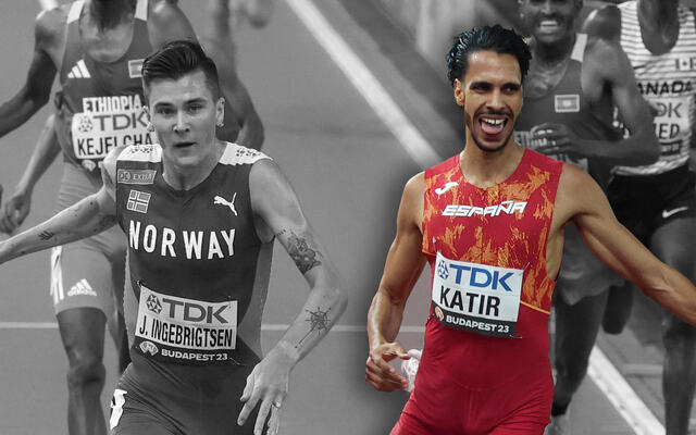 Mohamed Katir spurter inn til sølv på 5000 meter like bak Jakob Ingebrigtsen under VM i Budapest (Foto: Arne Dag Myking)