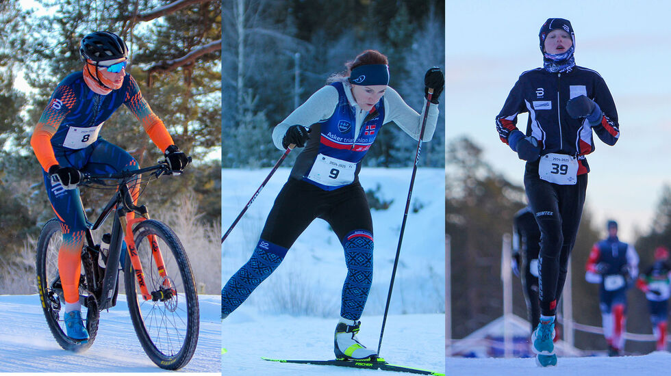 Vintertriatlon er sykling, langrenn og løping i samme pakken. Hans Christian Tungesvik, Mari Brøndbo Dahl og Håvar Sandqvist Bjorli i aksjon i norgescupen på Heistadmoen. (Alle foto: Erik Marki Bjorli)