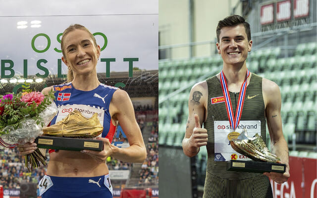 Karoline Bjerkeli Grøvdal og Jakob Ingebrigtsen har omtrent fast abonnement på Kondis' gullsko. De var Norges beste langdistanseløpere også i 2024. (Foto: Samuel Hafsahl)