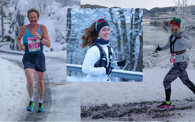 Odd Gunnar Tveit (til venstre) er påmeldt til Bergen Vintermaraton, og løpsantrekket hans er shorts og singlet, punktum. Bilder fra løpet i 2023. (Foto: Arne Dag Myking)