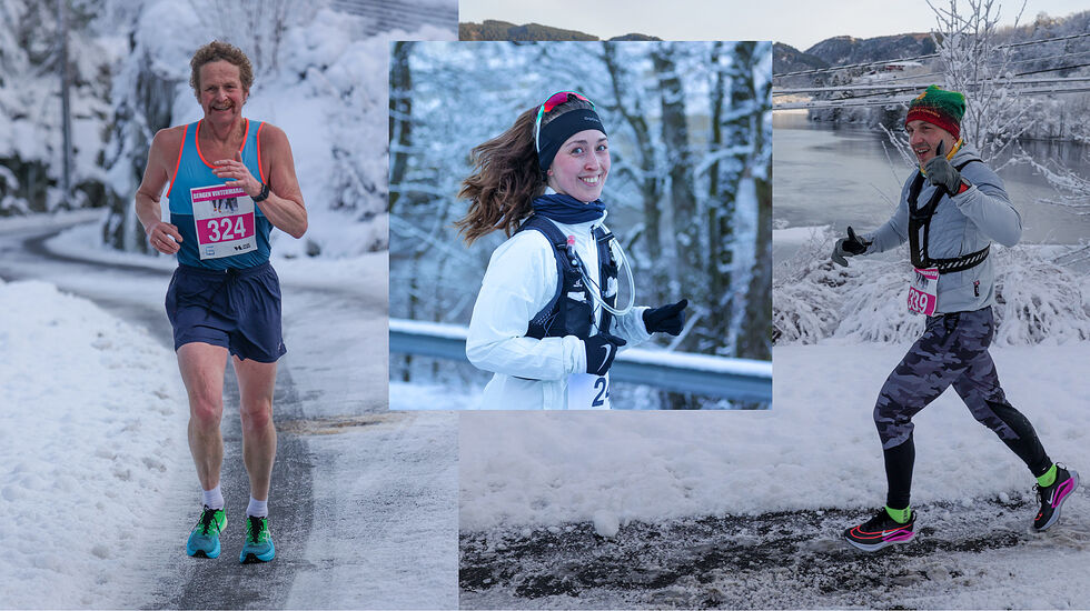 Odd Gunnar Tveit (til venstre) er påmeldt til Bergen Vintermaraton, og løpsantrekket hans er shorts og singlet, punktum. Bilder fra løpet i 2023. (Foto: Arne Dag Myking)