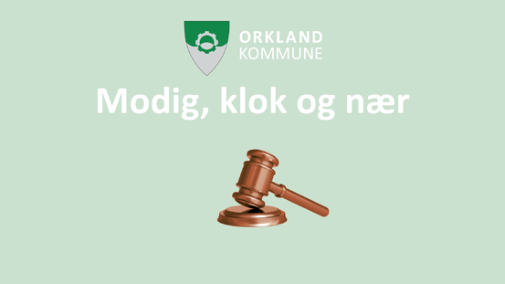 Et bilde med grønn bakrunn, med teksten modig, klok og nær, samt en brun ordstyrerklubbe.