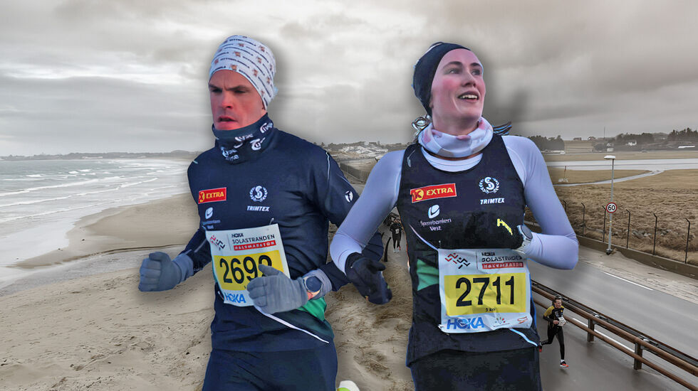 Andreas Penne Nygård og Oda Lundeby vant 5 kilometeren under Solastranden halvmaraton. Men det kostet i kulda. (Foto: Arne Dag Myking / Montasje: Tom-Arild Hansen)