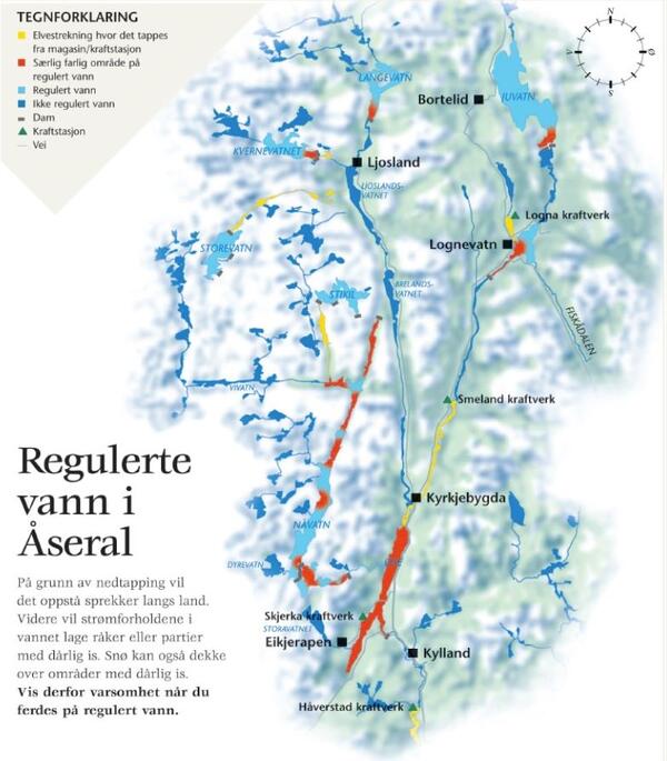 Kart over regulerte vatn i Åseral