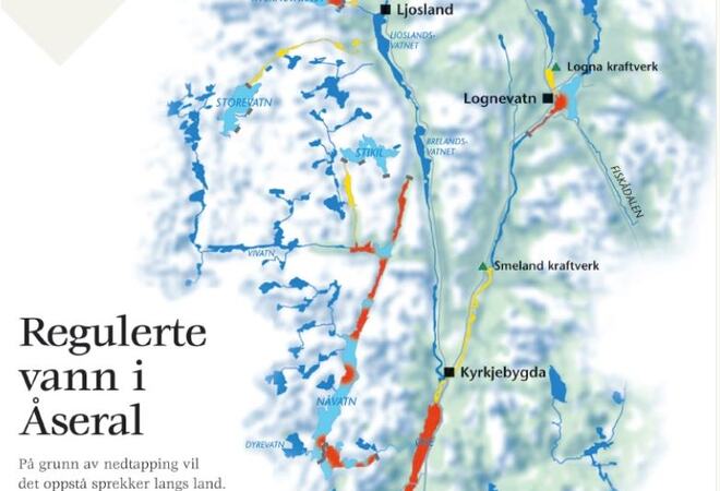 Kart over regulerte vatn i Åseral