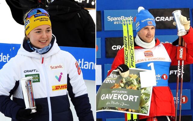 Vilde Nilsen og Even Northug med kongepokalene på Gåsbu torsdag. (Foto: Stein Arne Negård)