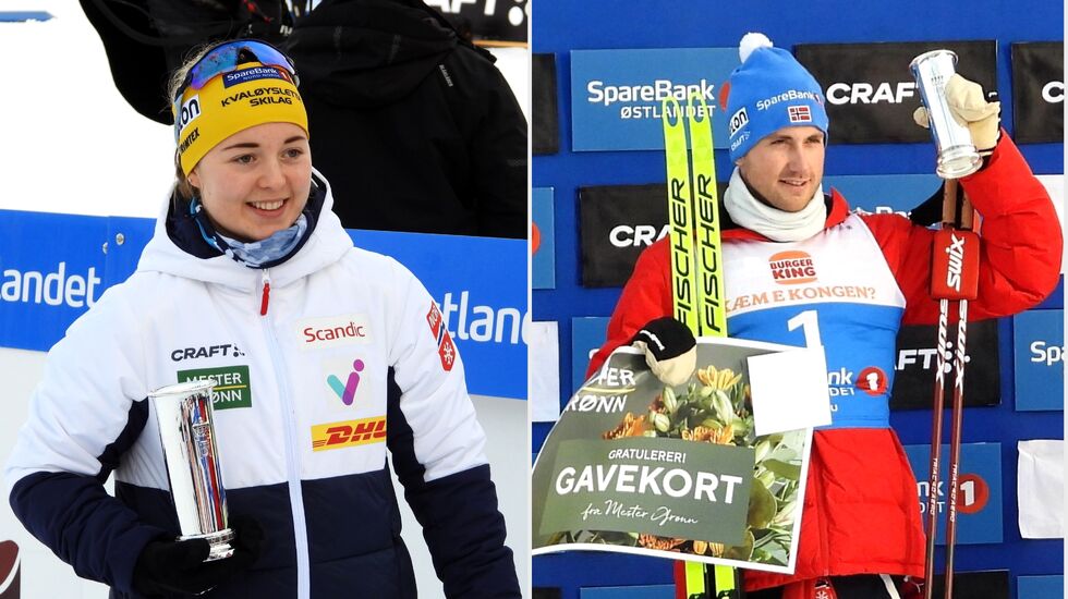Vilde Nilsen og Even Northug med kongepokalene på Gåsbu torsdag. (Foto: Stein Arne Negård)