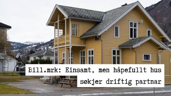 Ein gul villa ved ein leikepark, med eit skilt med teksten "Bill.mrk: Einsamt, men håpefullt hus søkjer driftig partnar".