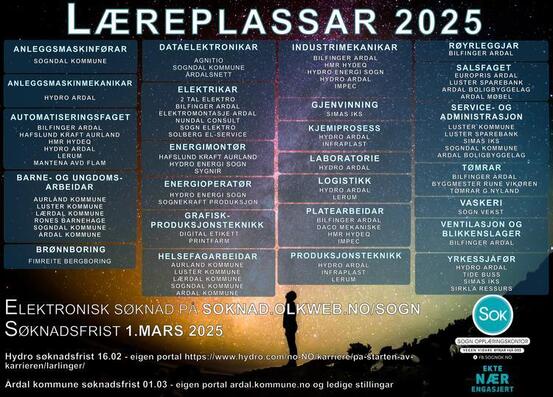 Plakat med oversikt over læreplassar i Sogn 2025. Meir informasjon på nettsida til Sogn opplæringskontor.