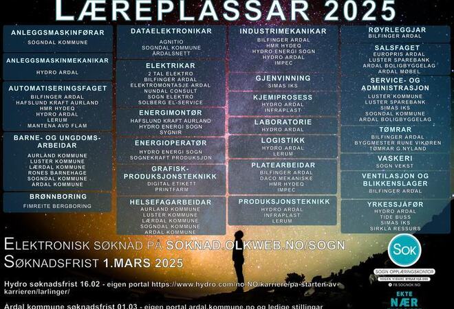 Plakat med oversikt over læreplassar i Sogn 2025. Meir informasjon på nettsida til Sogn opplæringskontor.