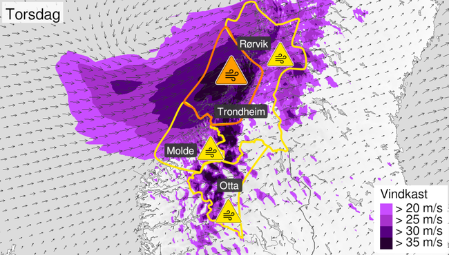 Det er sendt ut oransje farevarsel om kraftige vindkast i deler av Trøndelag, torsdag. Skjermbilde: Varsom.no Et kart over Trøndelag.