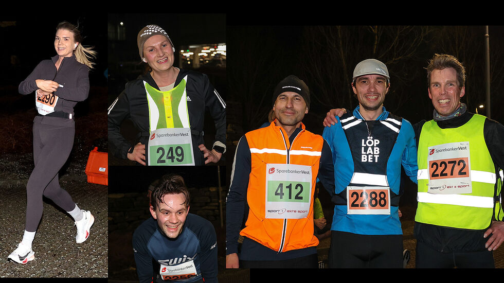 Dette er de som til slutt ble stående igjen som vinnere i det tredje løpet i Åsane Løpskarusell: Andrea Ellingsen, Eva Nordnes, Øyvind Skare Mundal (underst) og vinnertrioen for menn på 10 km: Kristian Nestor, Mikkel Espolin Birkeland og Øyvind Loftås. (Alle foto: Arne Dag Myking)