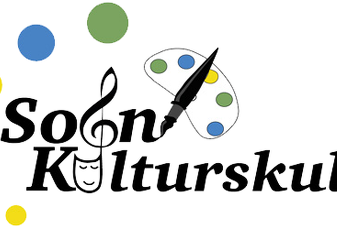 Logoen til Sogn kulturskule. G-nøkkel, penn og malesaker og teatermaske.