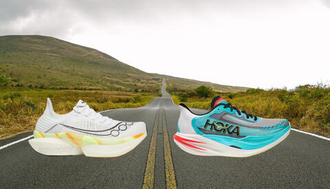 Hvilken supersko er best? Saucony Endorphin Elite 2 eller Hoka Cielo X1 2.0? (Foto: Saucony/Hoka/Pixabay. Montasje: Bjørn Johannessen)