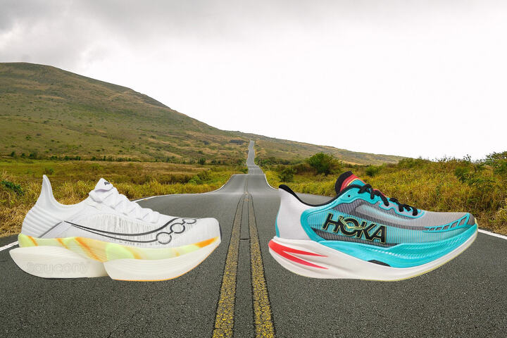Hvilken supersko er best? Saucony Endorphin Elite 2 eller Hoka Cielo X1 2.0? (Foto: Saucony/Hoka/Pixabay. Montasje: Bjørn Johannessen)