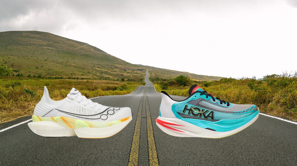 Hvilken supersko er best? Saucony Endorphin Elite 2 eller Hoka Cielo X1 2.0? (Foto: Saucony/Hoka/Pixabay. Montasje: Bjørn Johannessen)