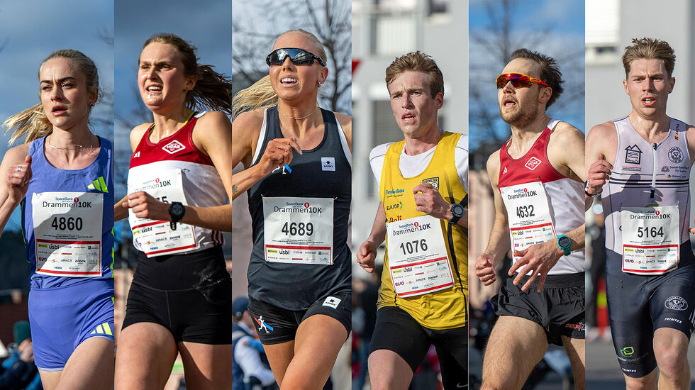 Det var mange gode løp i Drammen 10k. Dette var de beste norske løperne: Amalie Sæten, Kristine Meinert Rød, Marte Mæhlum Johansen, Mathias Flak, Sjur Krystad Prestsæter, Vegard Vesterhaug Warnes. (Alle foto: Samuel Hafsahl)