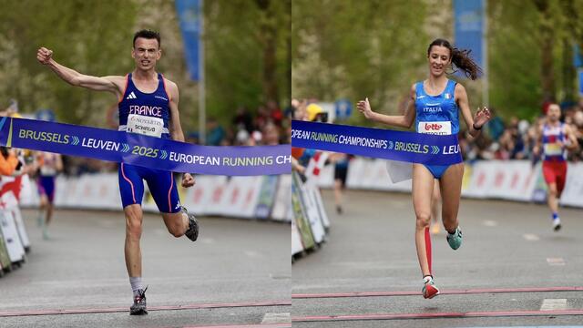 Yann Schrub og Nadia Battocletti i mål som tidenes første europamestere i 10 km gateløp i leuven i Belgia. (Foto: European Athletics)