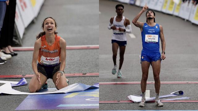 Spanske Fatima Ouhaddou Nafie og italienske Nafie Iliass Aouani vant historiske og emosjonelle gull på maraton i det første EM i gateløp i Leuven-Brussel søndag. (Foto: European Athletics) Spanske Fatima Ouhaddou og italienske Nafie Iliass Aouani vant historiske og emosjonelle gull på maraton i det første EM i gateløp i Leuven-Brussel søndag. (Foto: European Athletics)