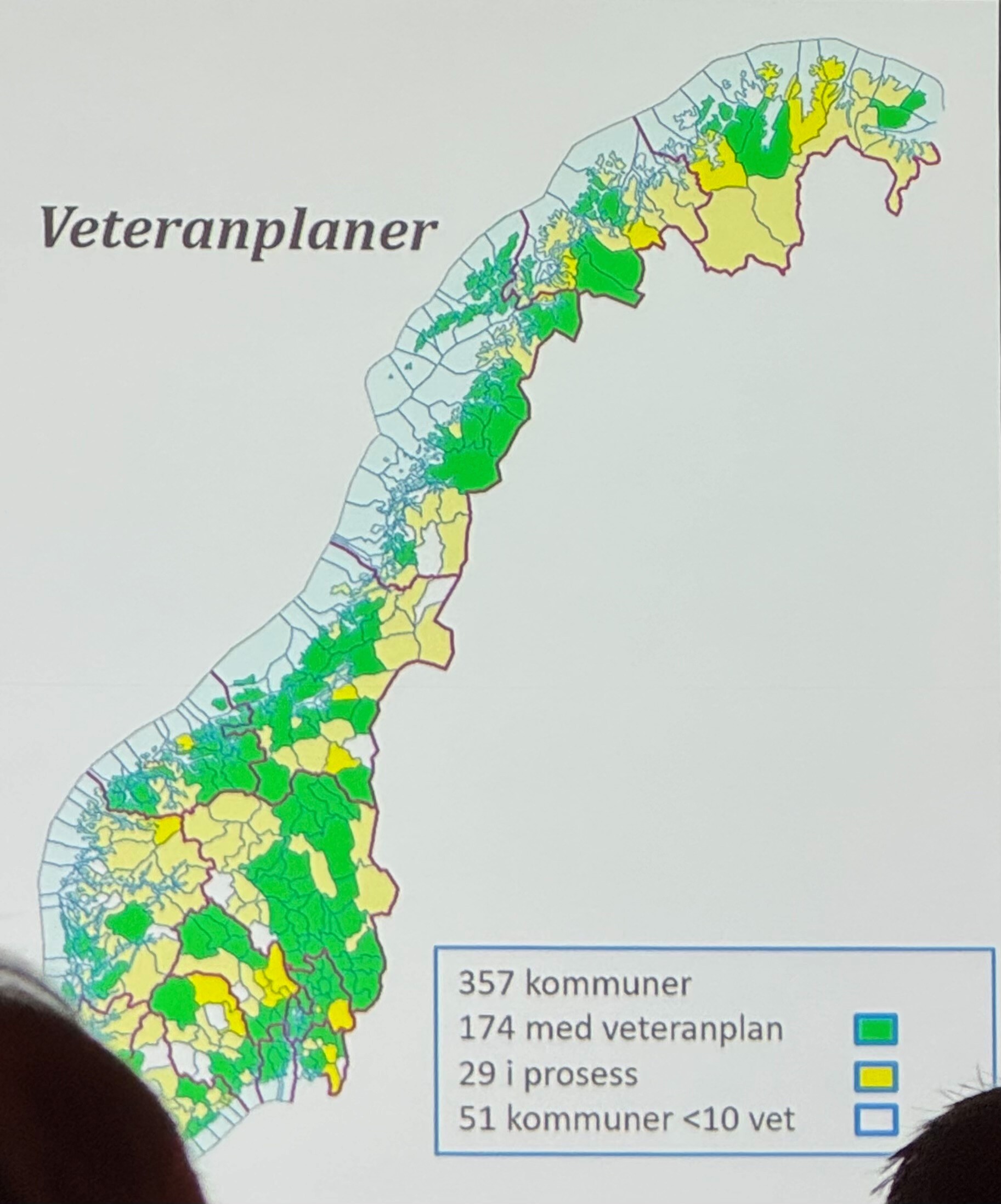 Kart som viser hvilke kommuner i landet som har eller ikke har veteranplan. Grønn markering på kommuner som har veteranplan.