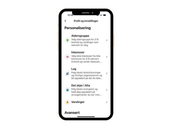 Skjermbilde av meny i Alta-appen der du velger lag/foreninger du vil følge