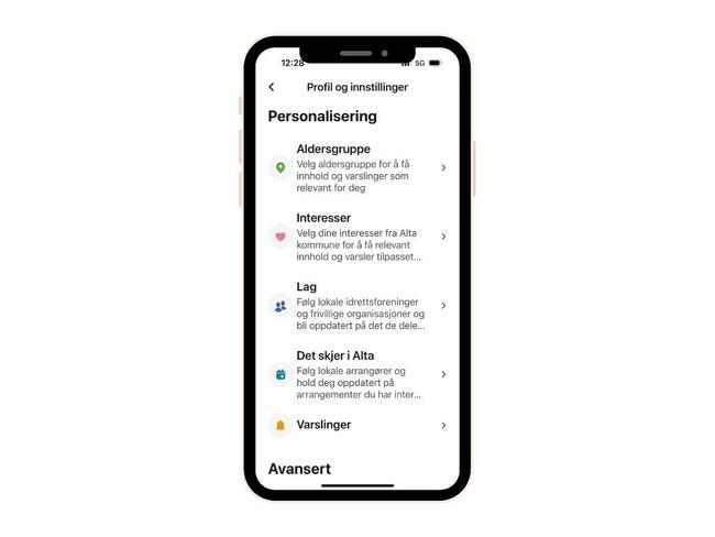Skjermbilde av meny i Alta-appen der du velger lag/foreninger du vil følge