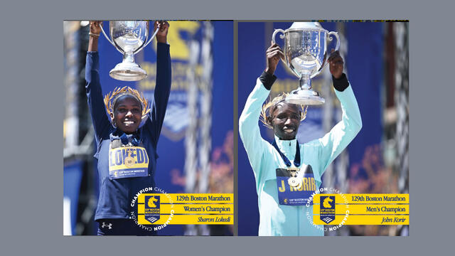 Sharon Lokedi og John Korir kan motta laurbærkrans og stor pokal etter å ha vunnet Boston Marathon 2025. (Foto: arrangør)