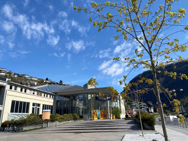 Sogndal kulturhus, blåhimmel og eit tre med nyutspunge lauv.