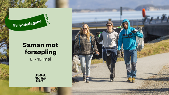 Plakat med teksten "Saman mot forsøpling" og bilete av tre personar som ryddar bos.