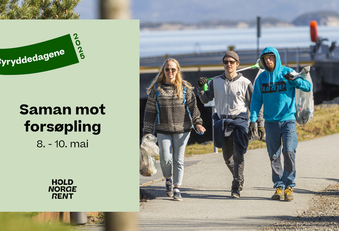 Plakat med teksten "Saman mot forsøpling" og bilete av tre personar som ryddar bos.