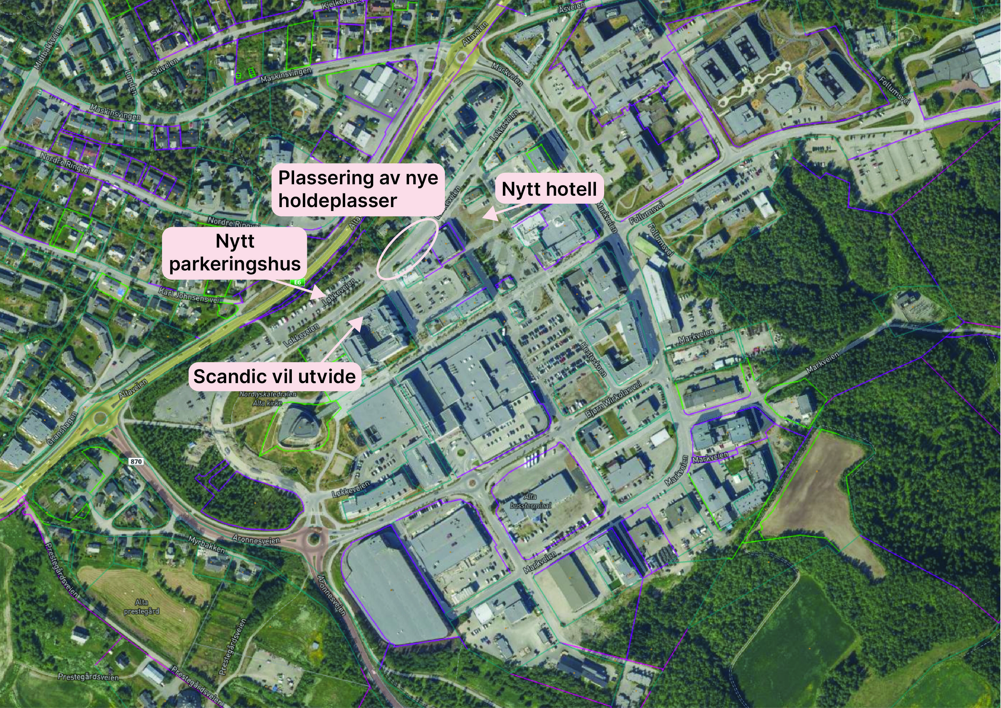 Kart over sentrum med plassering av busslommer