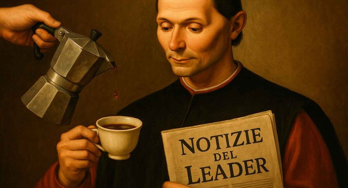 På notatet han holder står det: Notizie del Leader. Det kan oversettes til norsk som «Lederens nyheter» eller «Nytt for ledere». En mer elegant og kontekstilpasset oversettelse kunne rett og slett vært: LederNytt.