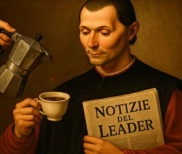 På notatet han holder står det: Notizie del Leader. Det kan oversettes til norsk som «Lederens nyheter» eller «Nytt for ledere». En mer elegant og kontekstilpasset oversettelse kunne rett og slett vært: LederNytt.