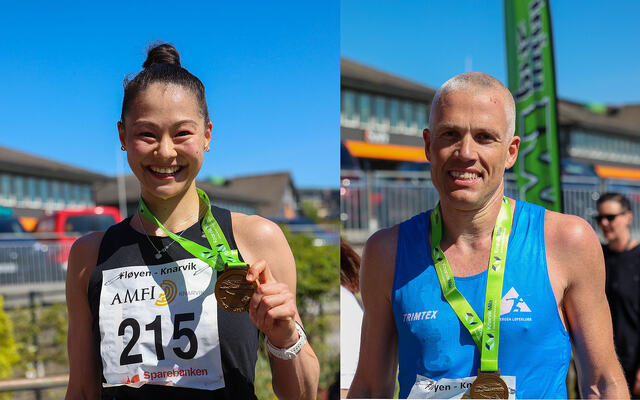 Tina Emilie Lee Lange og Håvard Berland brukte rundt to timer på å løpe fra Fløyen til Knarvik. (Foto: Arne Dag Myking)