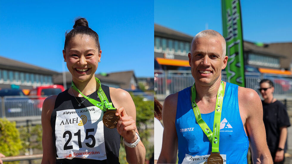 Tina Emilie Lee Lange og Håvard Berland brukte rundt to timer på å løpe fra Fløyen til Knarvik. (Foto: Arne Dag Myking)
