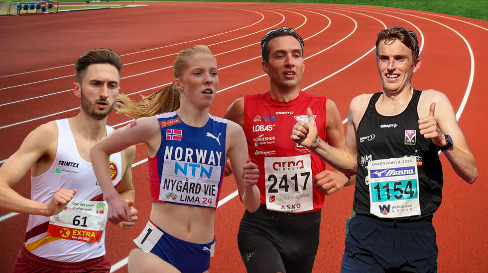Tore Akerlie, Andrea Nygård Vie, Trygve Feidje Mjelde og Marius Øyre Vedvik er sterke 3000-meterløpere som stiller i Arne Risa Classic på Fana Stadion 14. mai. (Foto/montasje: Einar Børve/Arne Dag Myking)