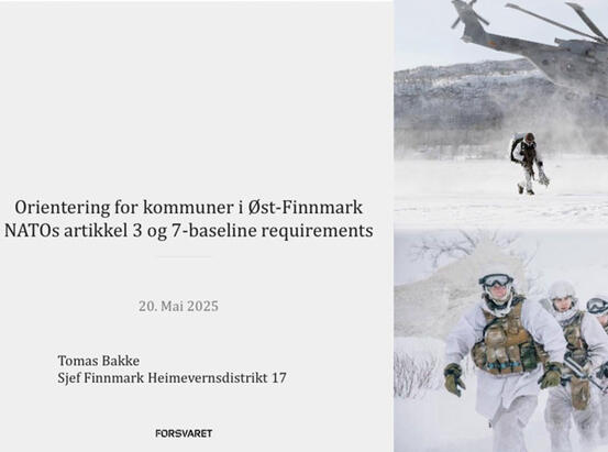 Plakat: Orientering om totalforsvar. Bilder av soldater og et helikopter