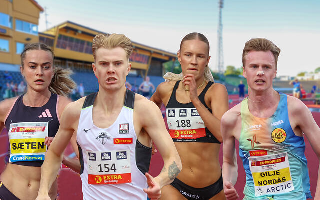 Amalie Sæten, Tobias Grønstad, Pernille Karlsen Antonsen og Narve Gilje Nordås er blant de aller beste norske mellomdistanseløperne som skal i aksjon i Trond Mohn Games på Fana Stadion. (Foto/montasje: Arne Dag Myking)
