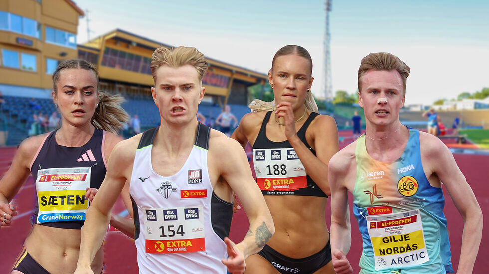 Amalie Sæten, Tobias Grønstad, Pernille Karlsen Antonsen og Narve Gilje Nordås er blant de aller beste norske mellomdistanseløperne som skal i aksjon i Trond Mohn Games på Fana Stadion. (Foto/montasje: Arne Dag Myking)