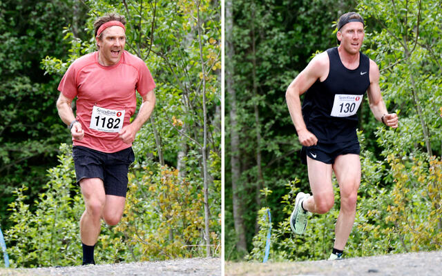 Den tidligere landeveissyklisten Kristoffer M Skjerping, nå sykkeltrener ved NTG Lillehammer t.h. ble raskeste herreløper i Sparebank 1 Kanthaugløpet onsdag kveld, 14 sekunder foran den tidligere canadiske langrennsløperen Devon Kershaw t.v.