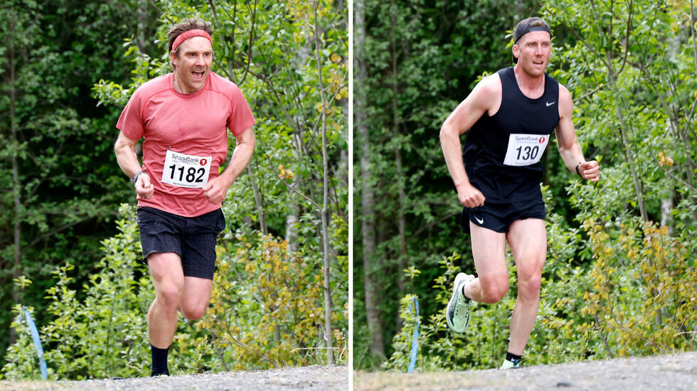 Den tidligere landeveissyklisten Kristoffer M Skjerping, nå sykkeltrener ved NTG Lillehammer t.h. ble raskeste herreløper i Sparebank 1 Kanthaugløpet onsdag kveld, 14 sekunder foran den tidligere canadiske langrennsløperen Devon Kershaw t.v.