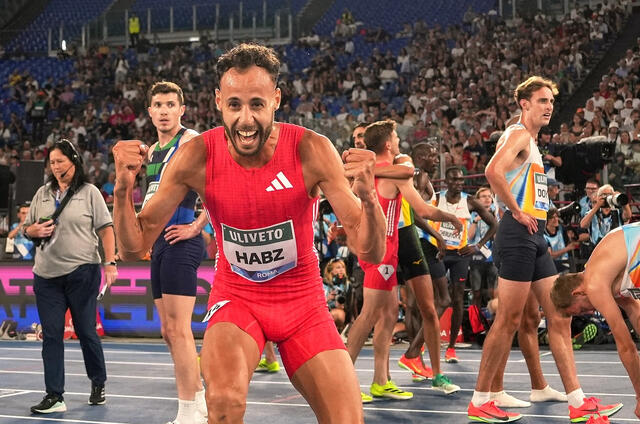 Franske Azeddine Habz hadde krefter igjen til å juble etter å ha tatt sin andre Diamond League-seier. (Foto: Wanda Diamond League)