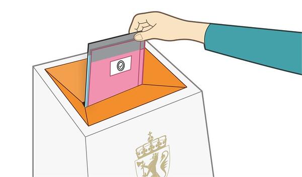 illustrasjon av at en person stemmer ved å legge seddel i urne