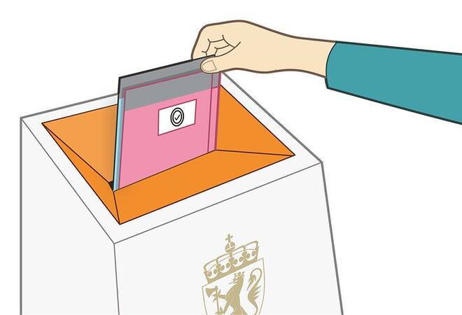 illustrasjon av at en person stemmer ved å legge seddel i urne