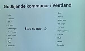 Bilete frå presentasjonen der det går fram at 20 kommunar i Vestland er godkjende