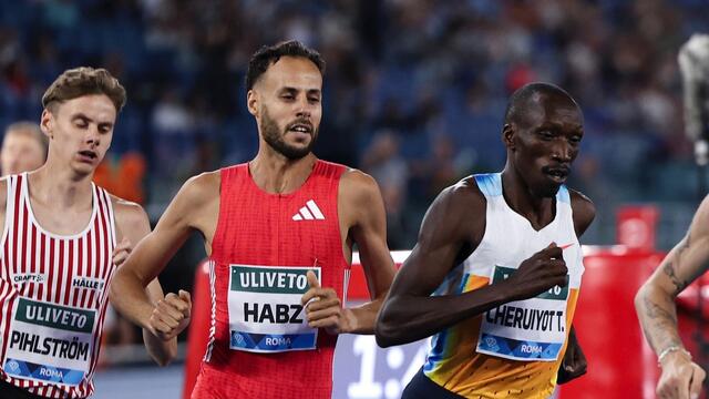 Azeddine Habz her mellom Timothy Cheruiyot og Samuel Pihlström da han også vant 1500 m i Roma for 14 dager siden. (Foto: Wanda Diamond League)