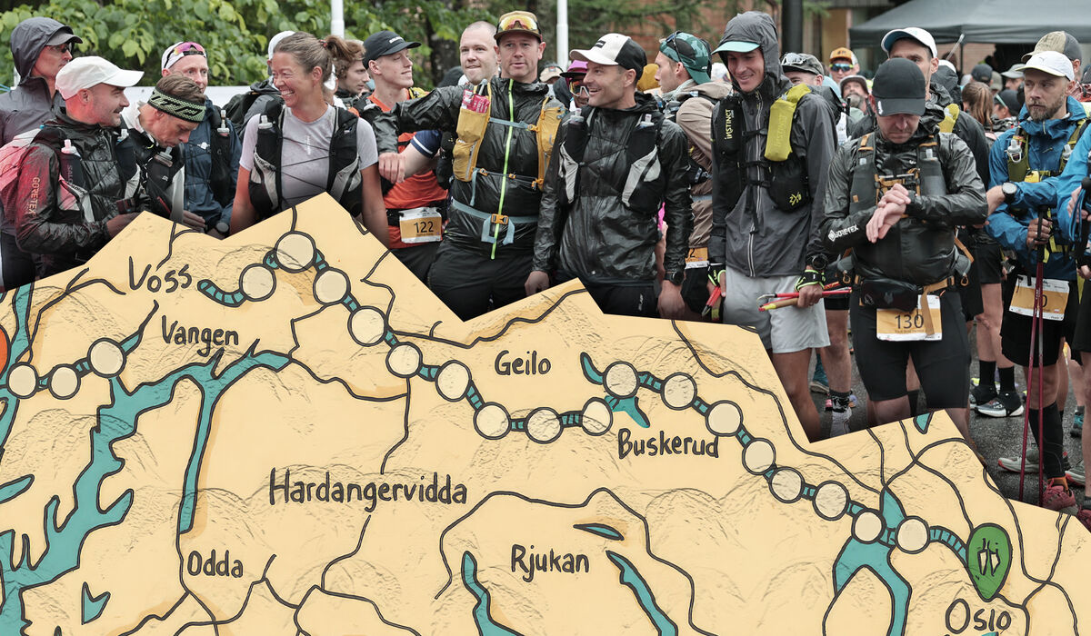 Det er langt fra Oslo til Bergen. Spesielt hvis man verken skal kjøre fly, bil eller tog. Hvis man løper på sti, så blir det 500 km. (Foto/Grafikk: Tom-Arild Hansen)