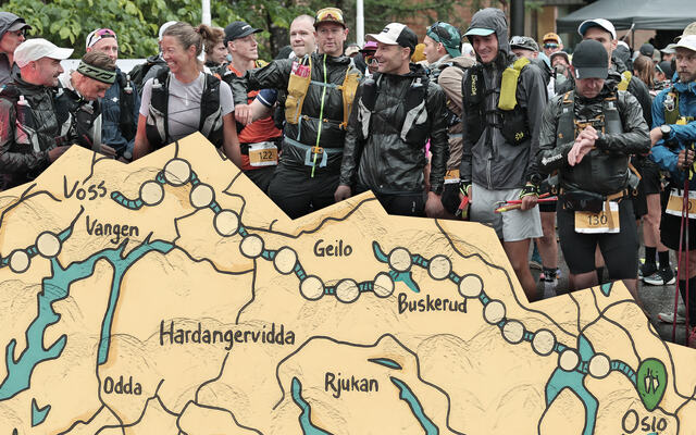 Det er langt fra Oslo til Bergen. Spesielt hvis man verken skal kjøre fly, bil eller tog. Hvis man løper på sti, så blir det 500 km. (Foto/Grafikk: Tom-Arild Hansen)