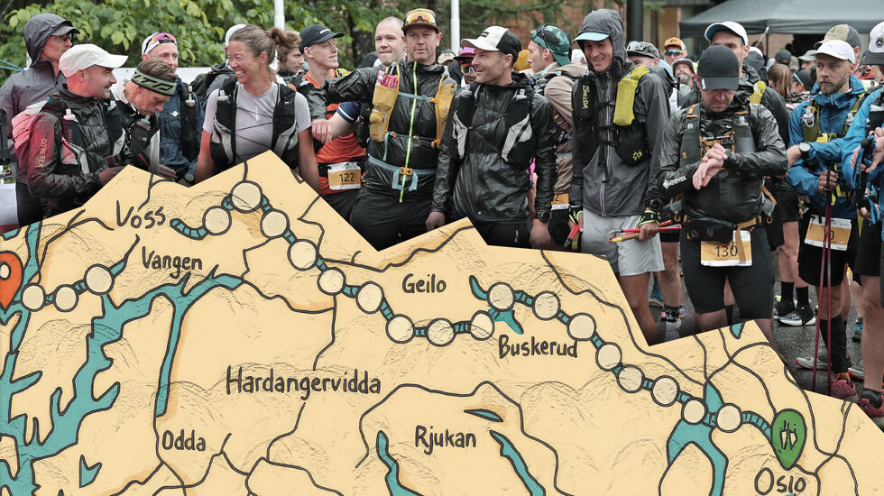 Det er langt fra Oslo til Bergen. Spesielt hvis man verken skal kjøre fly, bil eller tog. Hvis man løper på sti, så blir det 500 km. (Foto/Grafikk: Tom-Arild Hansen)