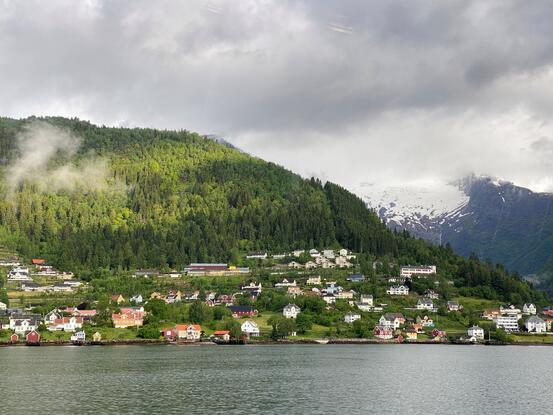 Hus og andre bygningar i Balestrand, sett frå fjorden.